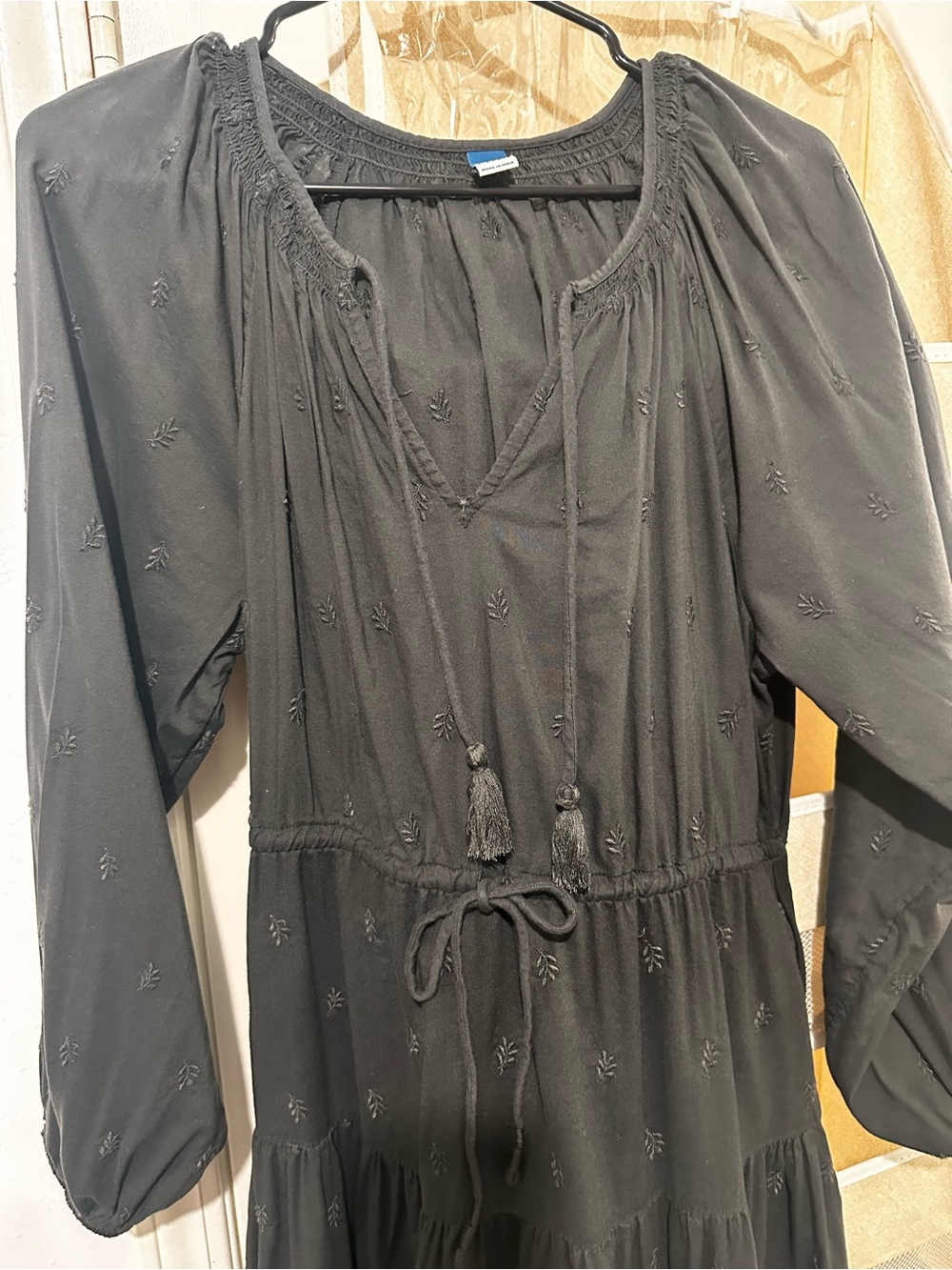 Black Long Sleeve Peasant Dress with Tassel Tie - Old Navy